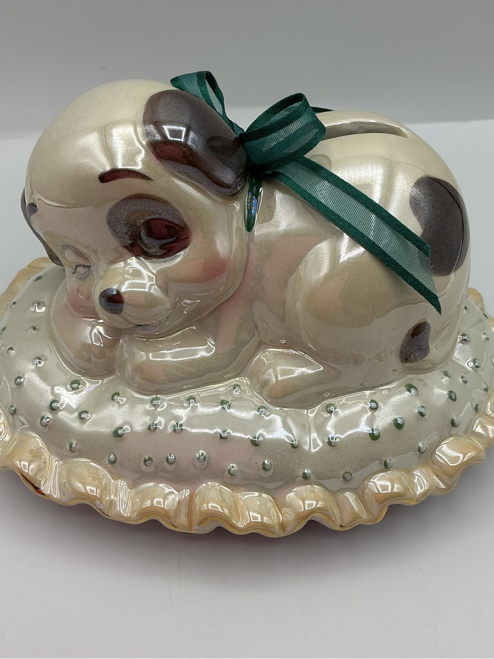 Y2K Ceramic Puppy Money Bank In Pearl White with Green Ribbon